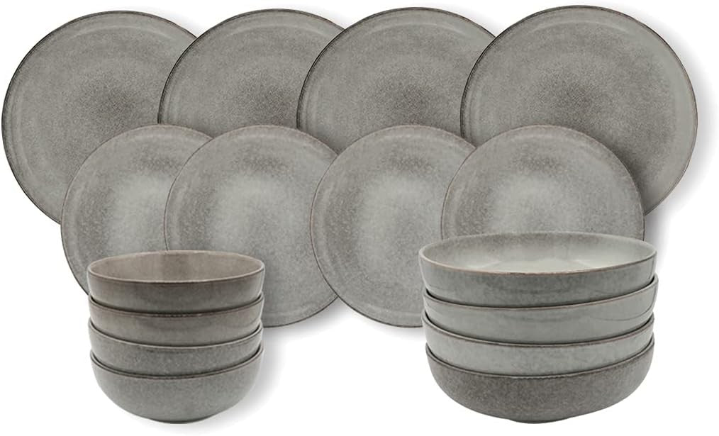 16pc Grey Stoneware Dinner Set Plates Bowls Microwave Dishwasher Safe