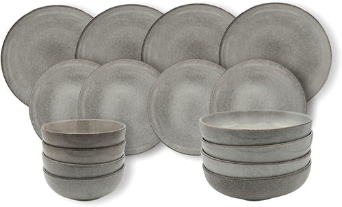 16pc Grey Stoneware Dinner Set Plates Bowls Microwave Dishwasher Safe