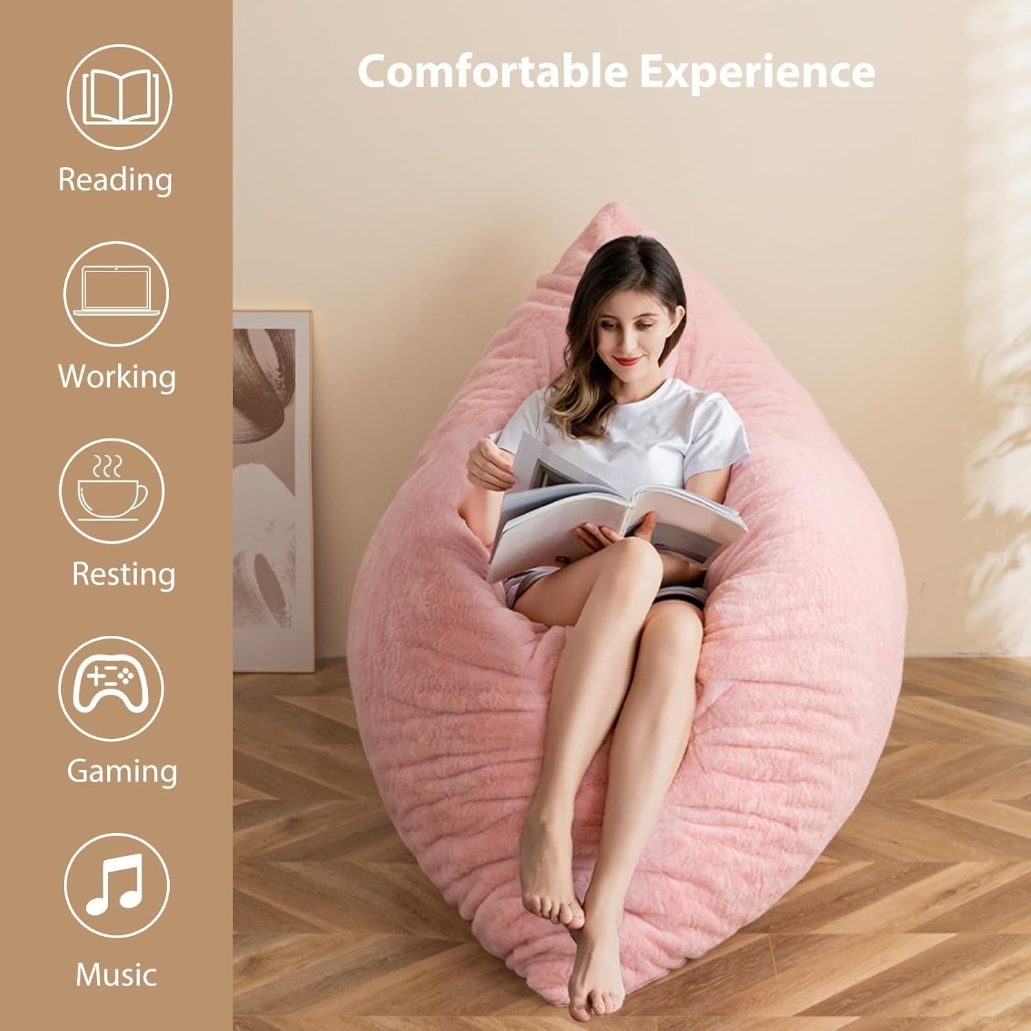 Pink Bean Bag Sofa Bed 135x190cm | Foldable Faux Fur Floor Lounger Chair
