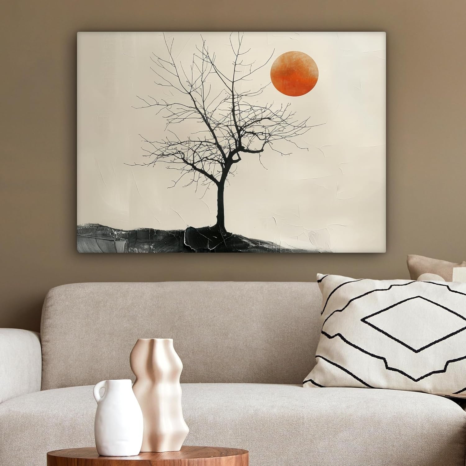 Large Canvas Wall Art 70x50cm Modern Black Tree Orange Moon Print