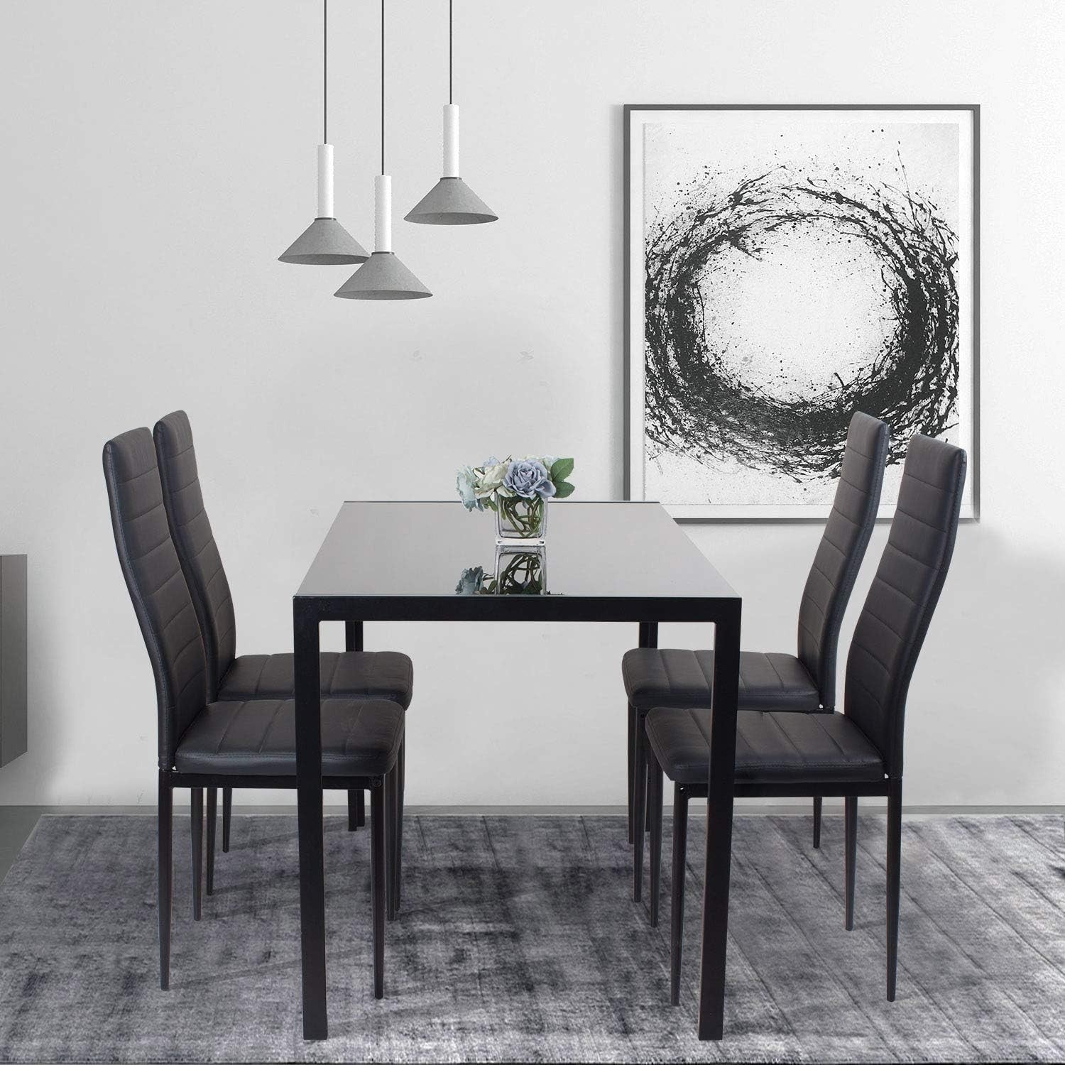 Modern Black Glass Dining Table Set with 4 High Back Chairs - Durable & Stylish