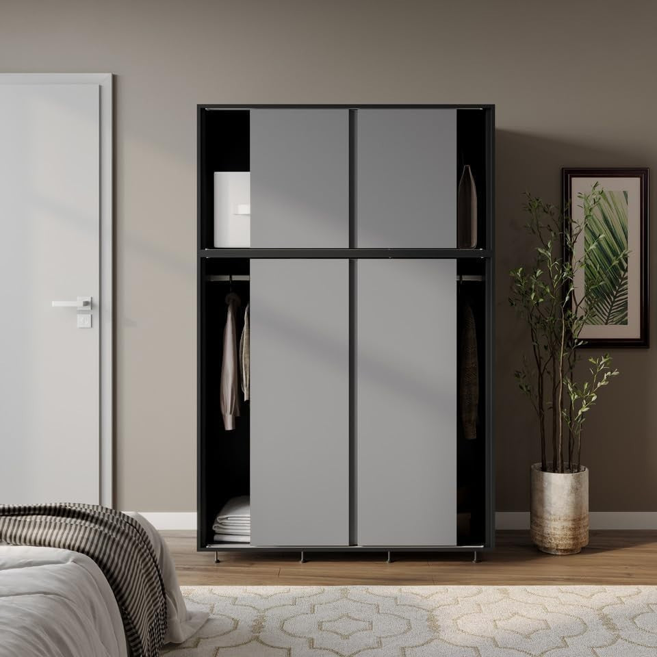 6-Door Grey Sliding Wardrobe with Adjustable Feet & Spacious Bedroom Storage