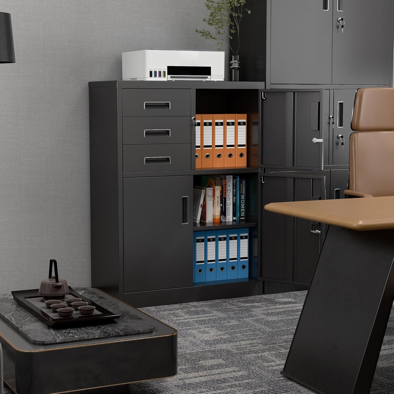 Metal Storage Cabinet with 3 Doors 3 Drawers Lockable Steel Cupboard Black