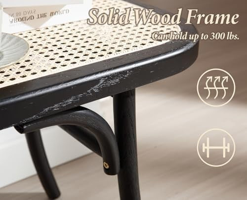Black Rattan Ottoman Bench with Wood Legs – Retro Dining & Hallway Seat
