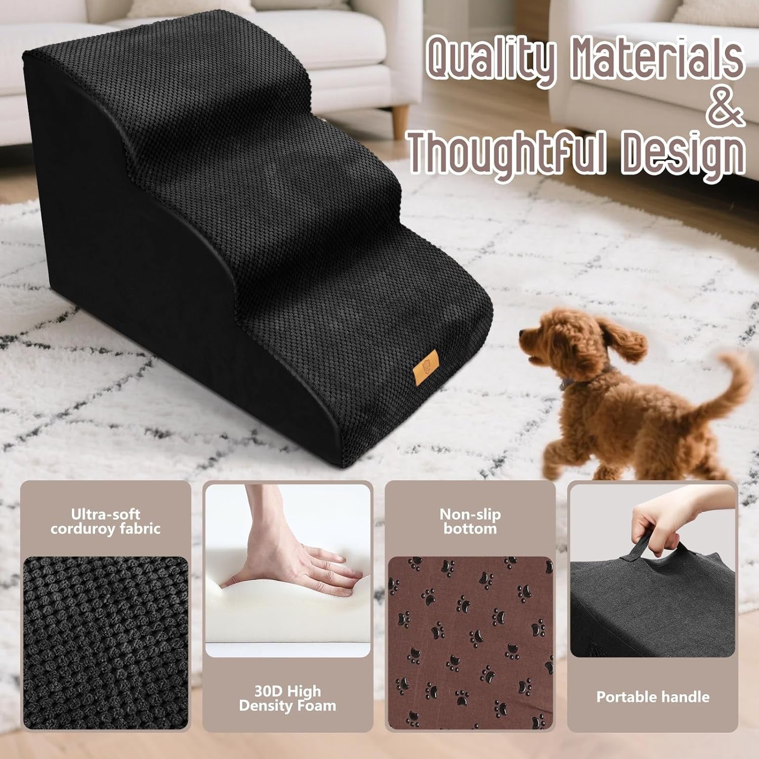 Black 3 Step Dog Ramp Stairs Non Slip Foam 60x40x40cm
