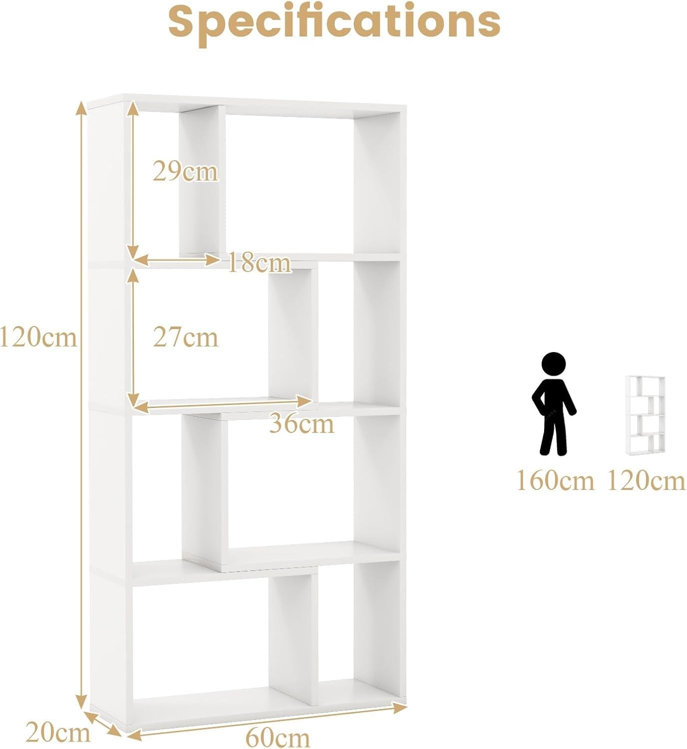 5-Tier White Geometric Bookcase Tall 8-Cube Modern Storage Shelf for Home Office