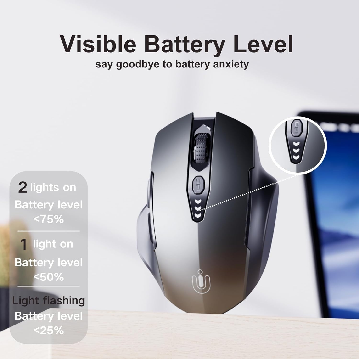 Rechargeable Wireless Mouse Battery Display Adjustable DPI 2.4G USB PC Laptop