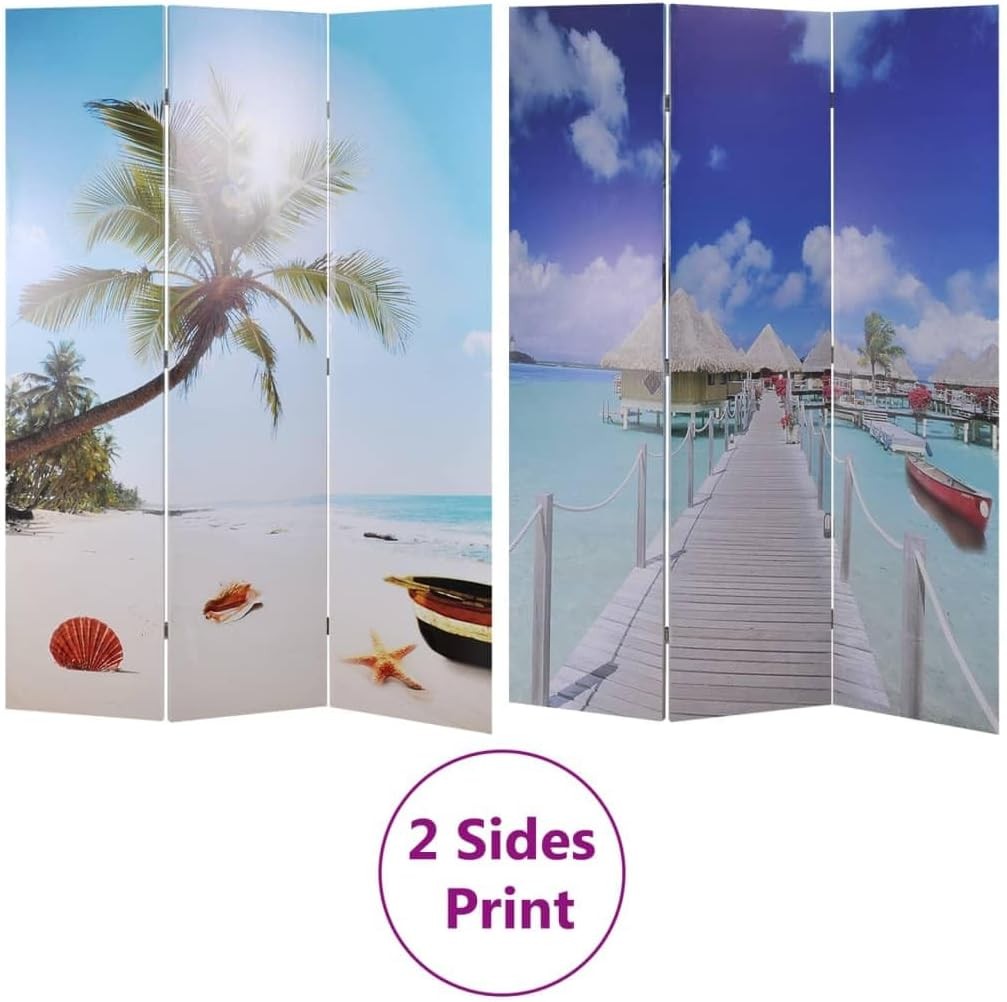 3 Panel Beach Print Folding Room Divider 120x170cm Double Sided Privacy Screen