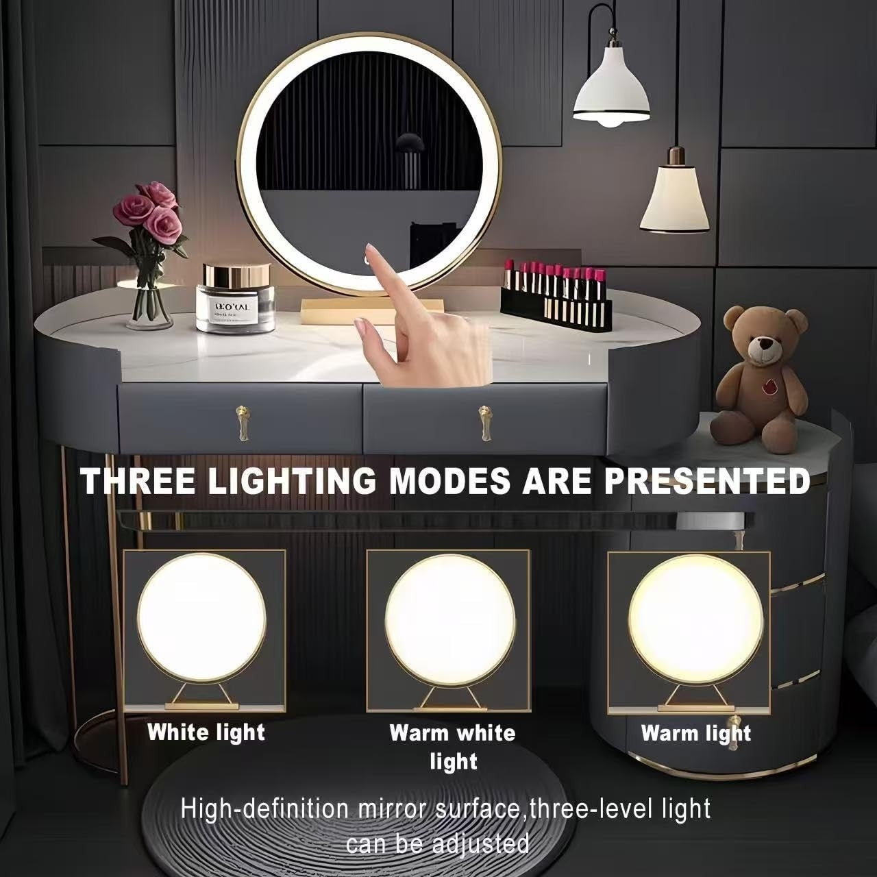 Luxury Vanity Makeup Dressing Table Desk Mirror LED Lights 4 Drawers Grey