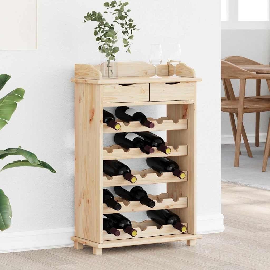 Solid Pine Wood Wine Rack Cabinet with Drawers, 20 Bottle Storage