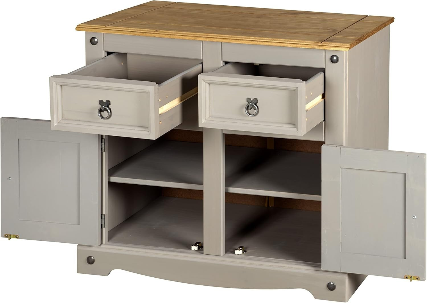 Rustic Grey Pine Sideboard Cabinet with 2 Drawers & Doors Storage Cupboard
