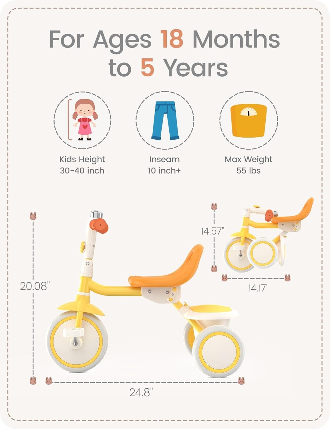 Foldable Toddler Tricycle Adjustable Seat Kids Trike Yellow Age 18M-5Y