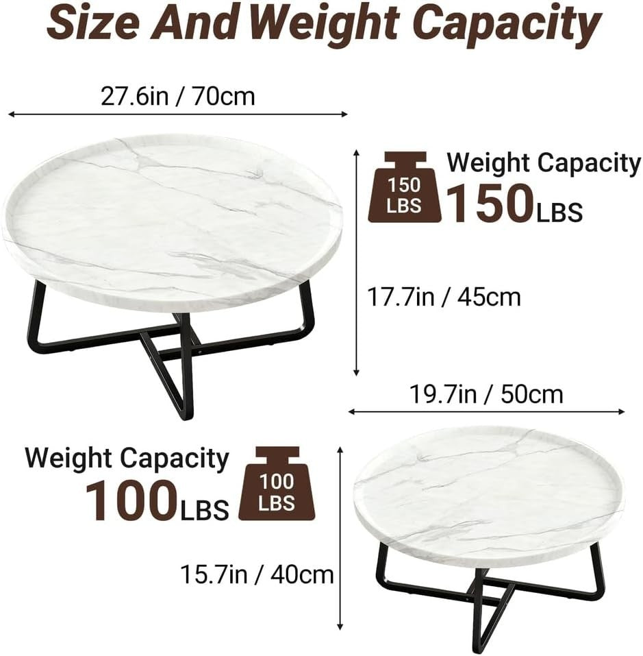 Square Coffee Table Set of 2 White Nesting Side Tables Carbon Steel Frame