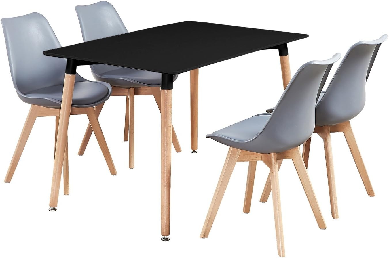 Rectangular Dining Table Set 4 Chairs PU Cushioned Seats Solid Wood Legs