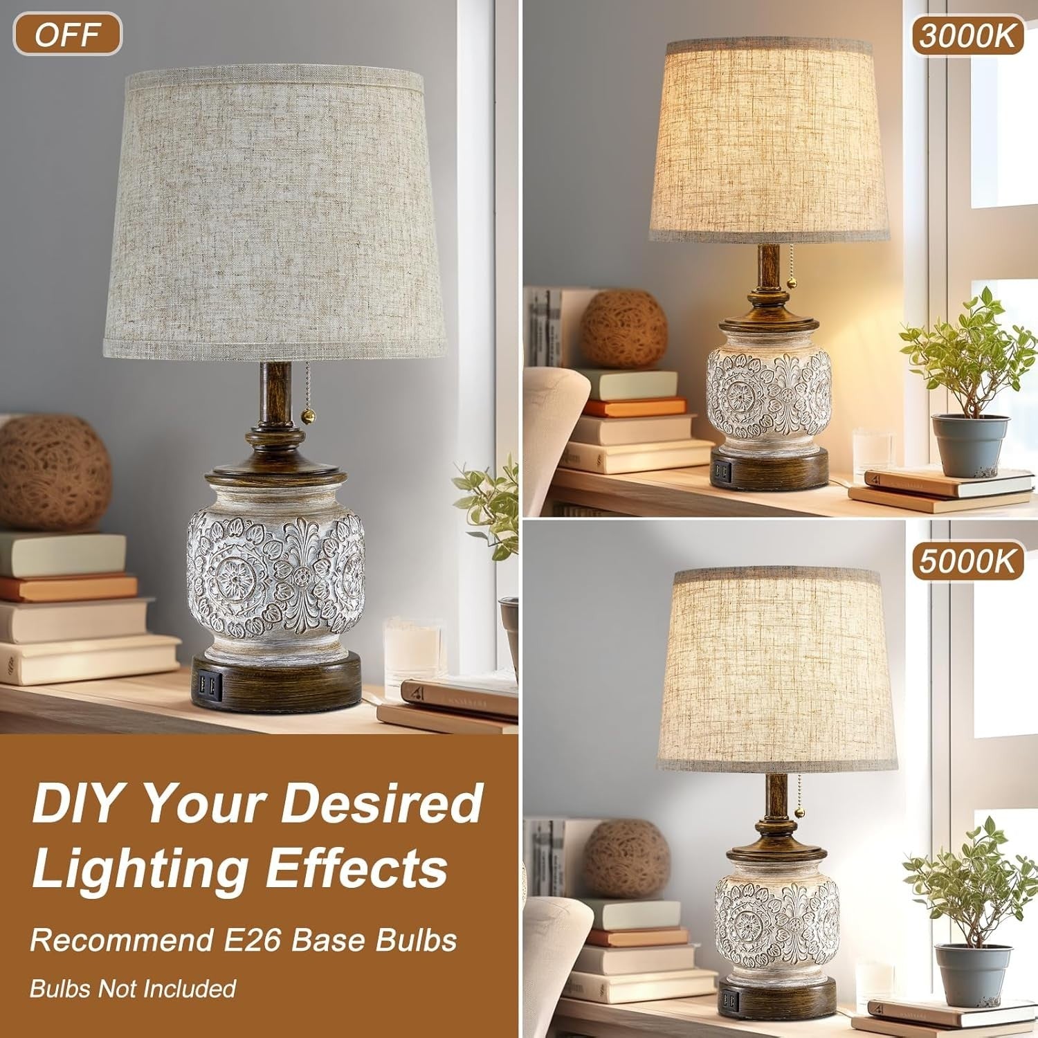 Farmhouse Rustic Table Lamps Set of 2 with USB Ports for Bedroom Living