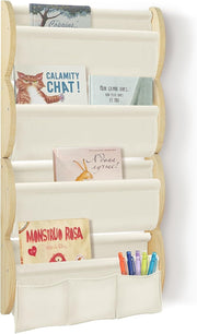4-Tier Wall Mounted Kids Bookshelf with Fabric Sling & 3 Pockets, Cream