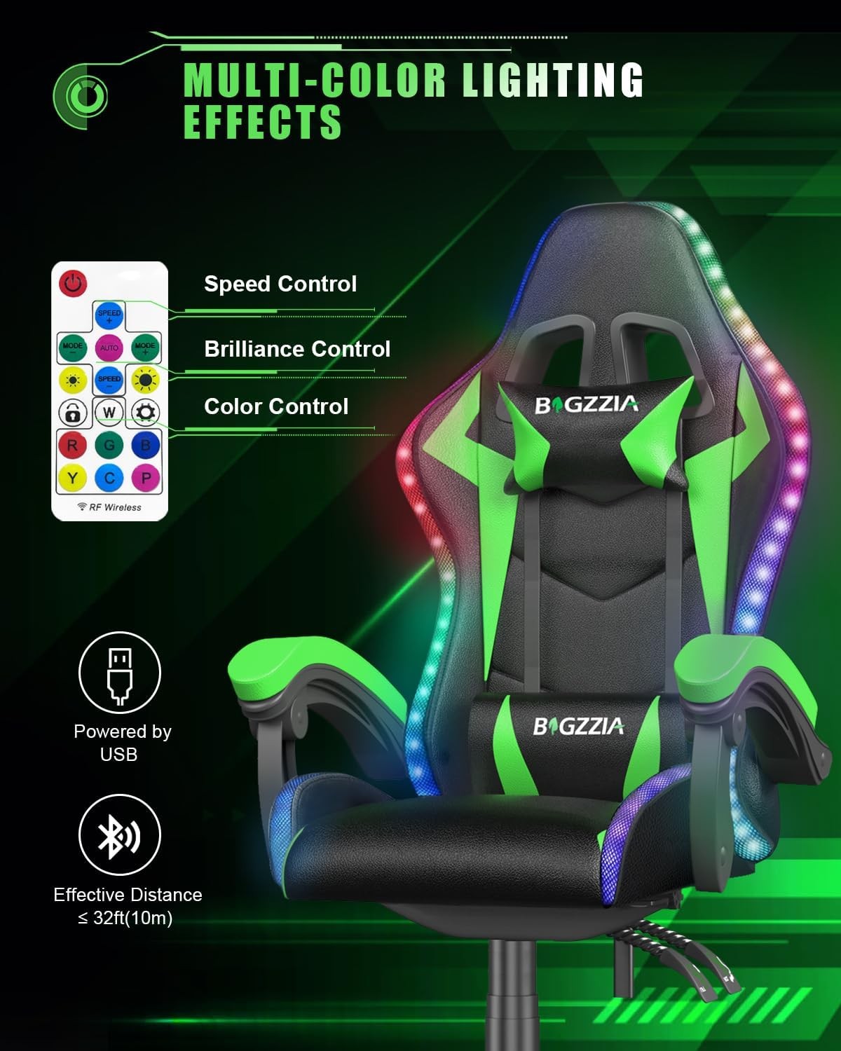 RGB Gaming Chair Recliner PU w/ Lumbar Headrest