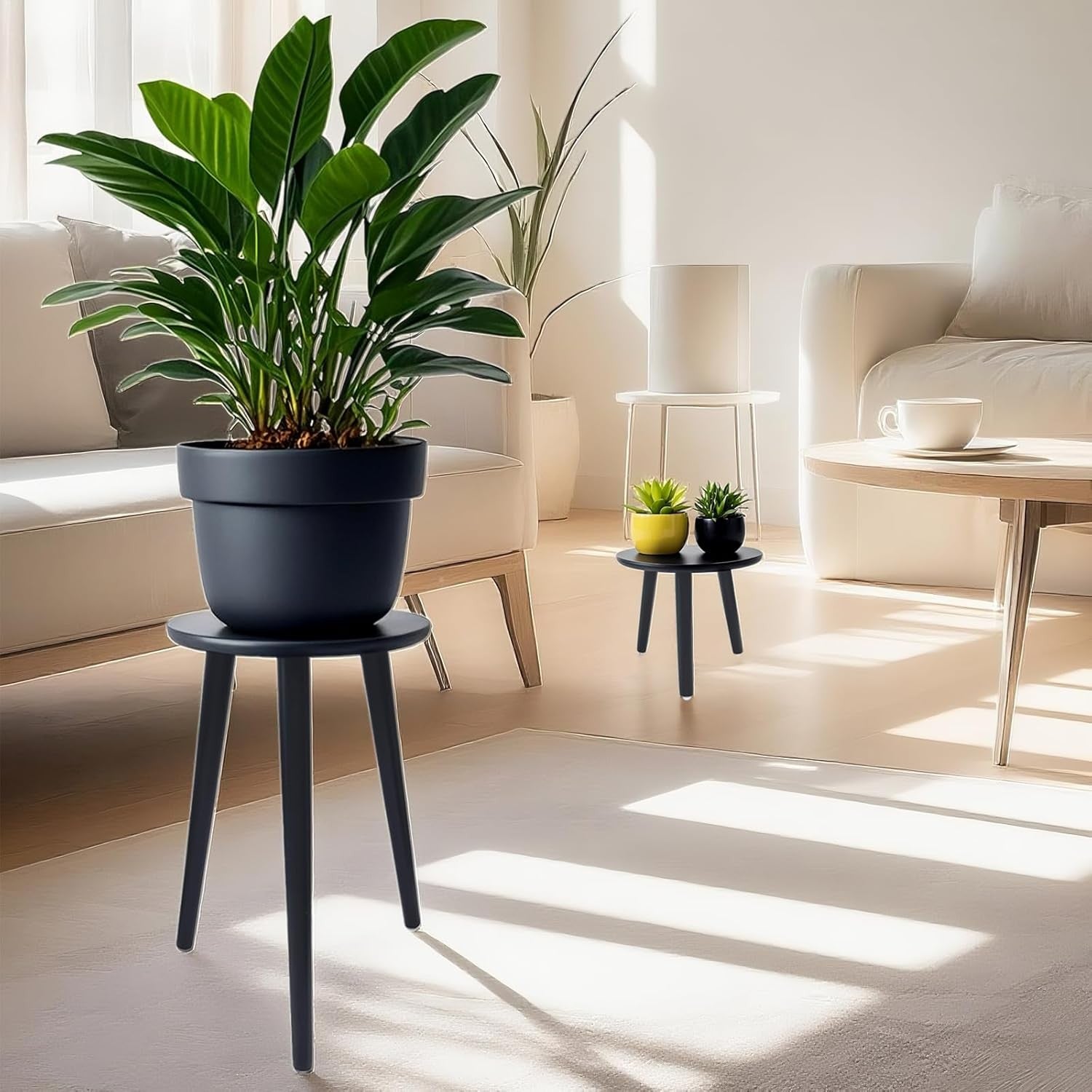 2 Pack Wooden Plant Stand Set | Modern Black Flower Pot Tables for Home Decor