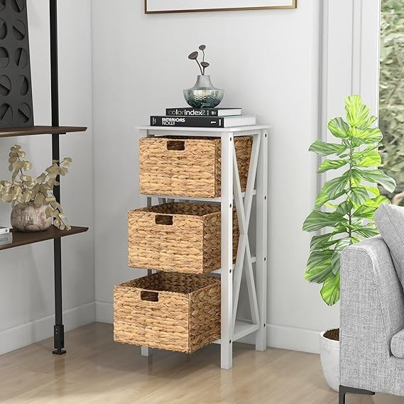 White Wooden Bedside Table with 3 Seagrass Baskets | Tall Rustic Narrow