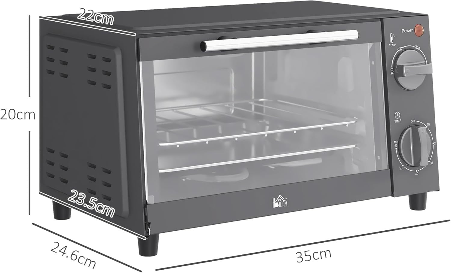 9L Mini Countertop Oven 750W Adjustable Temp Timer Grey