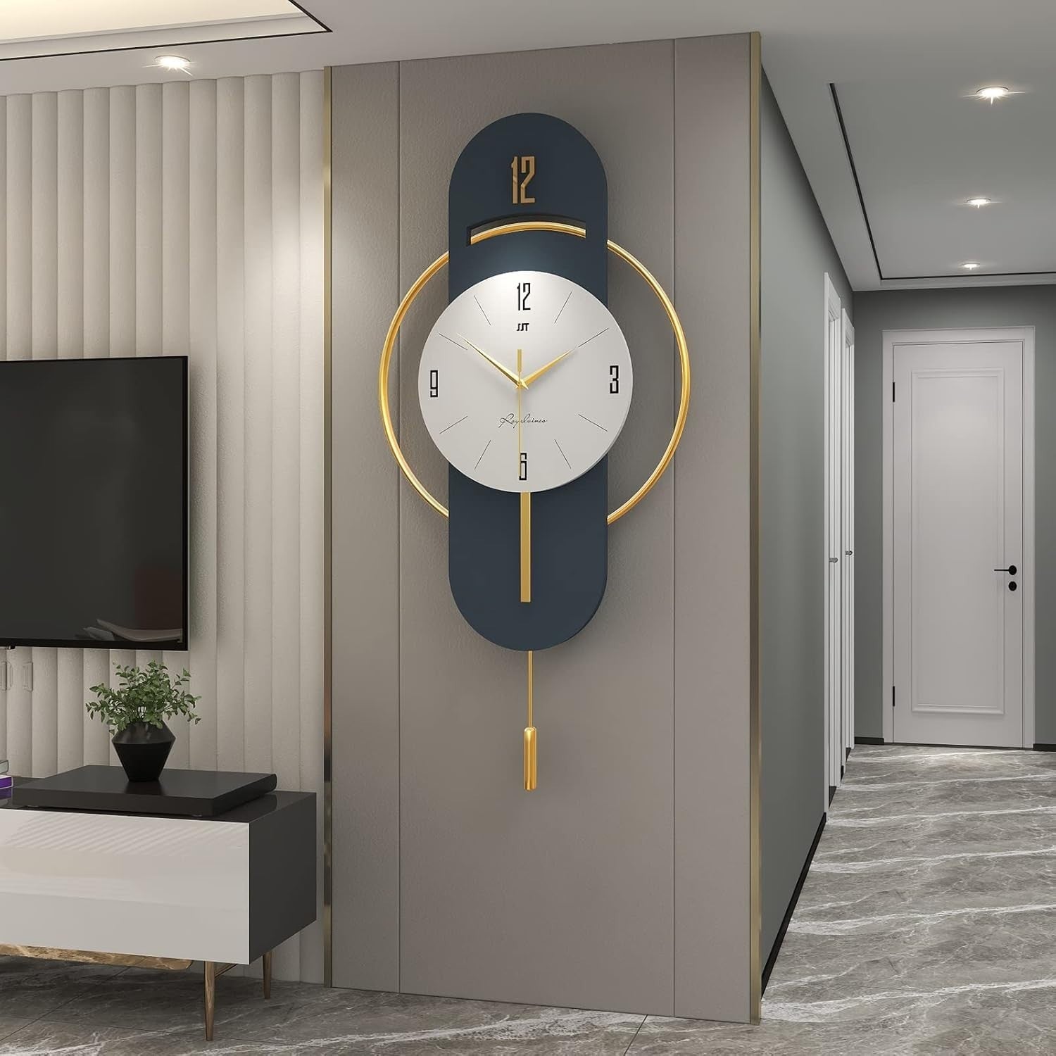 Luxury Silent Wall Clock Gold Blue 84cm Large Art Deco Pendulum Decor