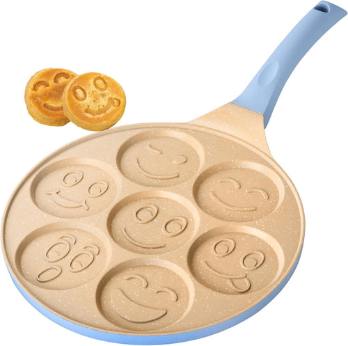 Non-Stick 7 Smiley Pancake Pan 26cm Crepe Maker Induction Safe Soft Grip Blue