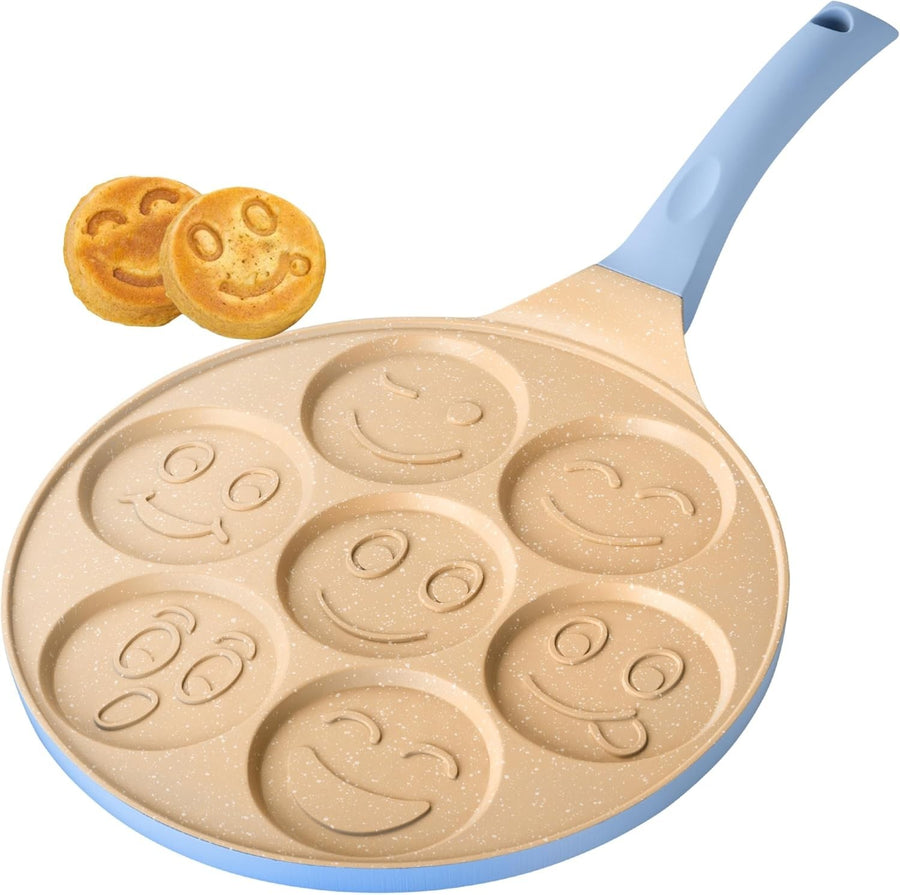 Non-Stick 7 Smiley Pancake Pan 26cm Crepe Maker Induction Safe Soft Grip Blue