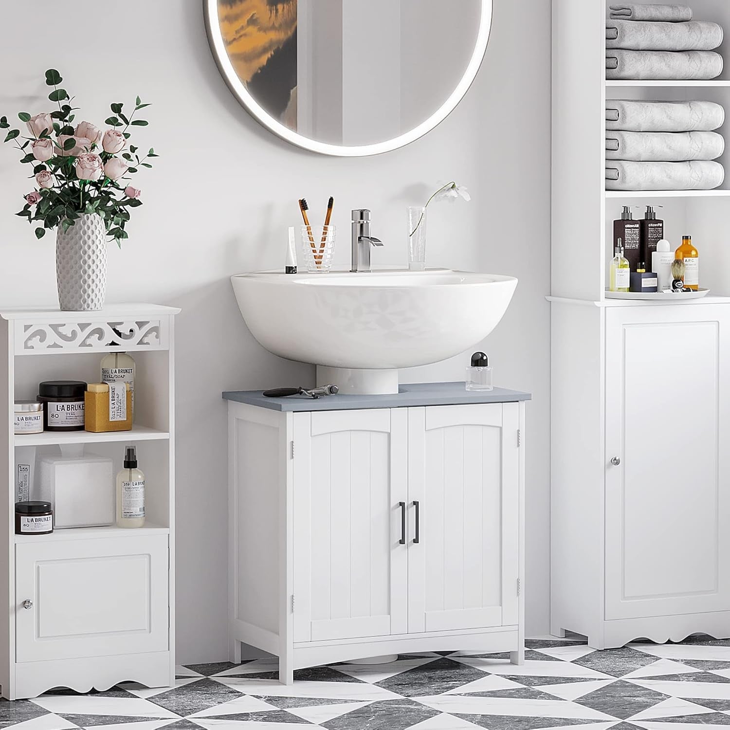 White Under Sink Bathroom Cabinet with Adjustable Shelves & Double Doors