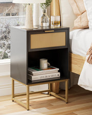 Modern Black Rattan Bedside Table with Drawer & Shelf – Gold Metal Legs