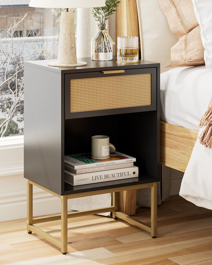 Modern Black Rattan Bedside Table with Drawer & Shelf – Gold Metal Legs