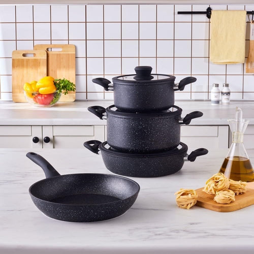 7pcs Black Nebula Granite Non-Stick Induction Cookware Set with Lid PFOA Free