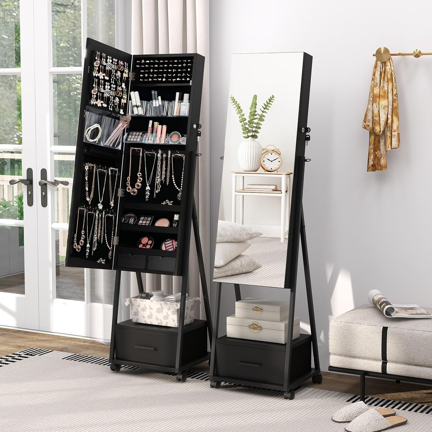 Mobile Jewelry Cabinet with Wheels Lockable Full Length Mirror Storage