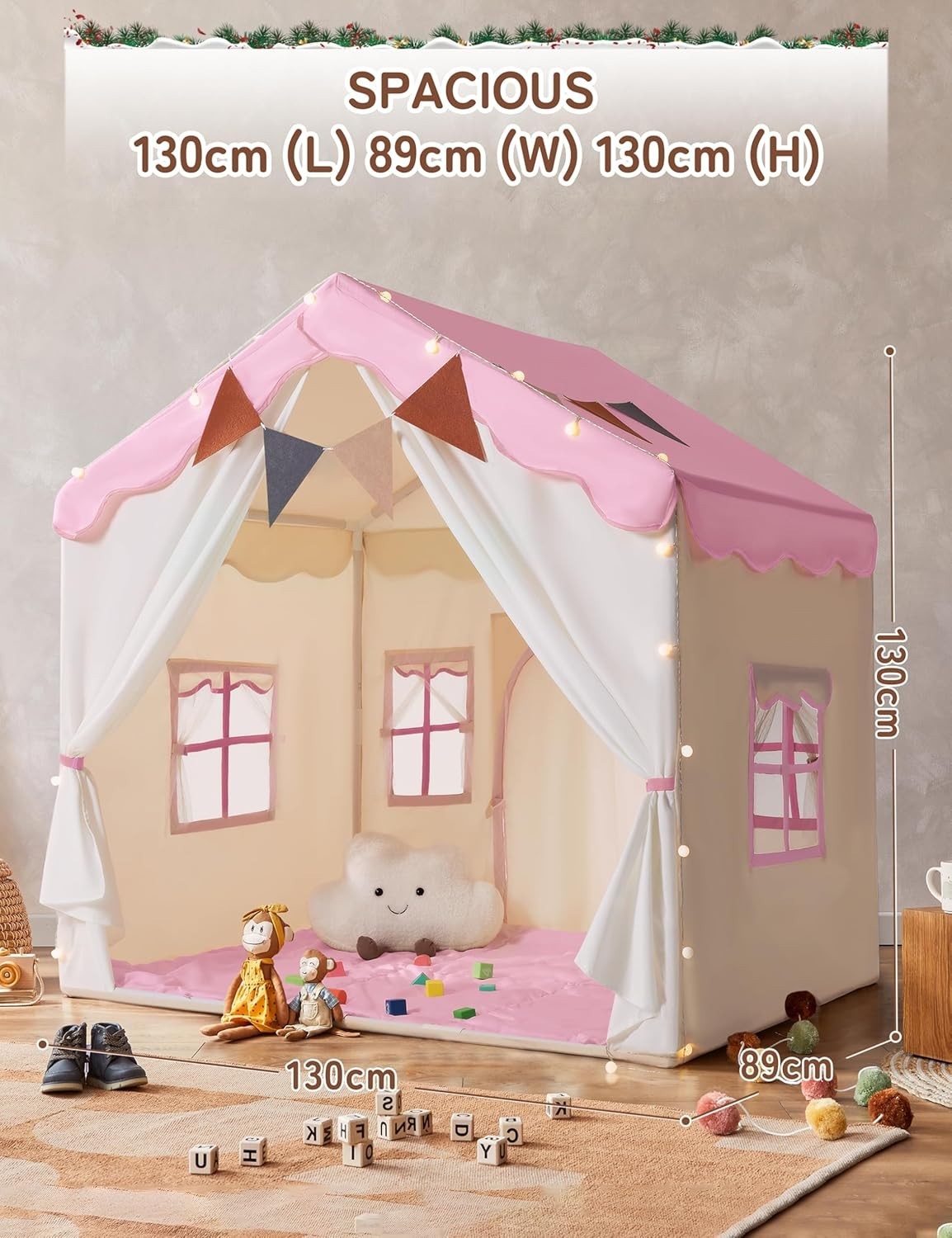 Pink Kids Bed Canopy Play Tent with Lights Padded Indoor Castle