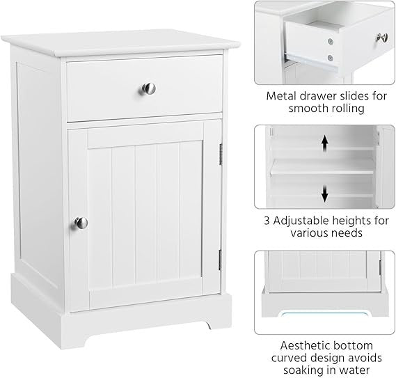 White Bedside Table with Drawer & Cupboard | Wooden Nightstand Storage Unit