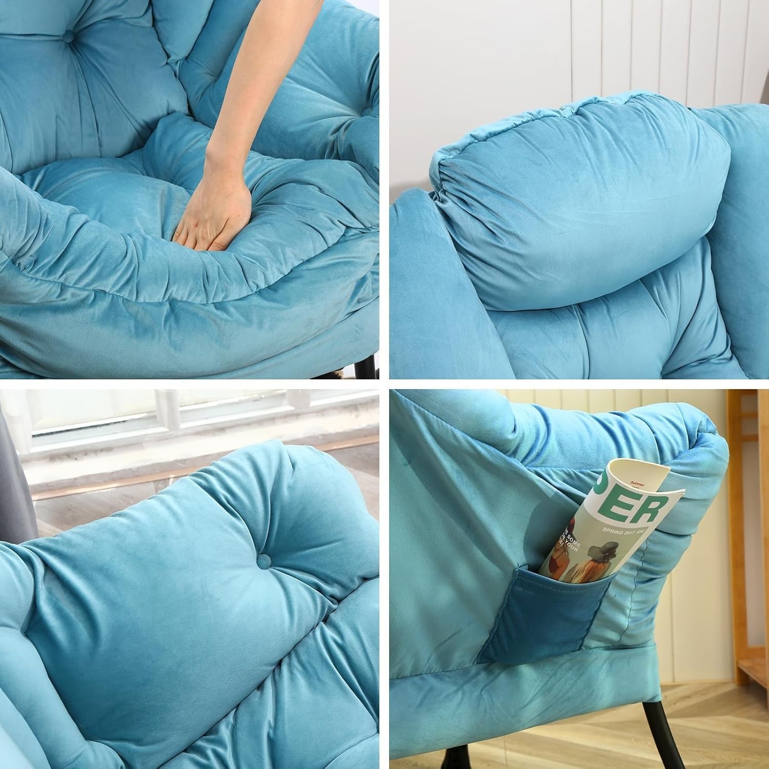 Modern Blue Accent Lounge Chair with Side Pocket | High Back Padded Sofa