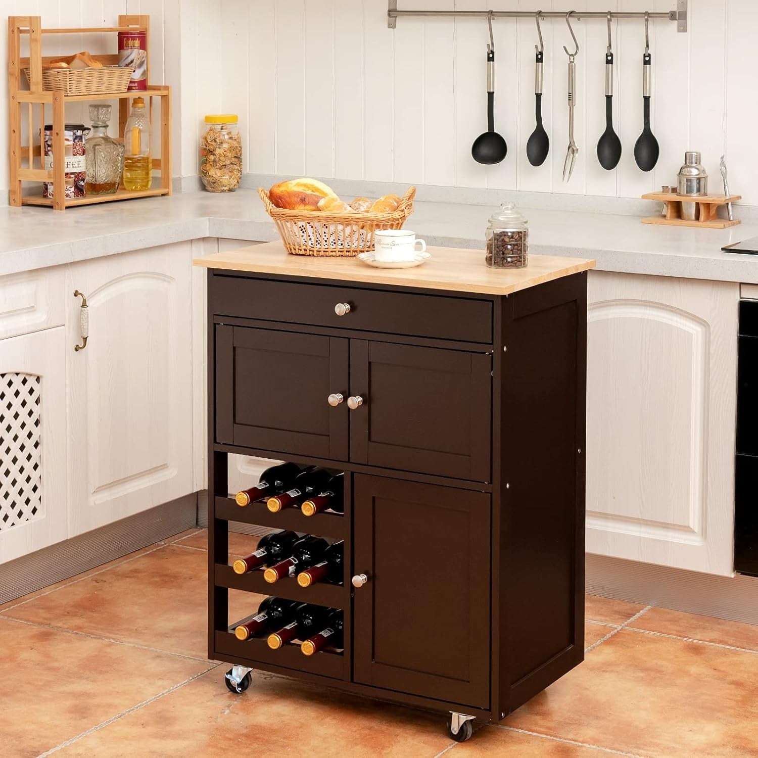 Kitchen Island Trolley with Storage Cabinet Drawer Wine Rack Rolling Cart