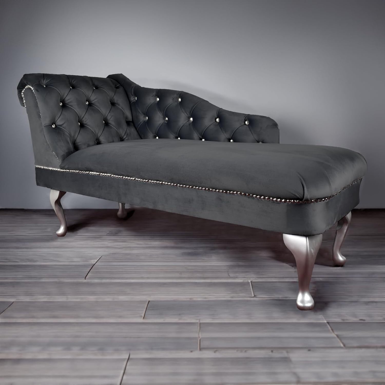 Tufted Grey Velvet Chaise Lounge Sofa Left Hand – Handmade, Compact & Elegant