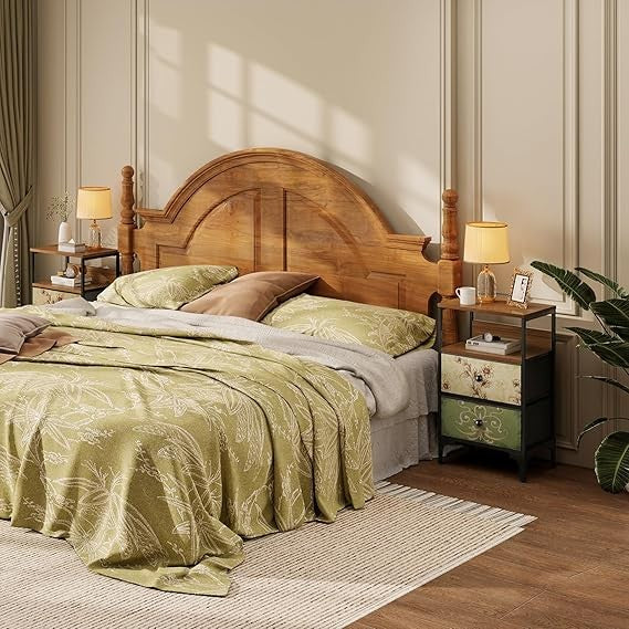 Slim Bedside Table with 2 Drawers & Shelf, Fabric Storage Cabinet for Bedroom
