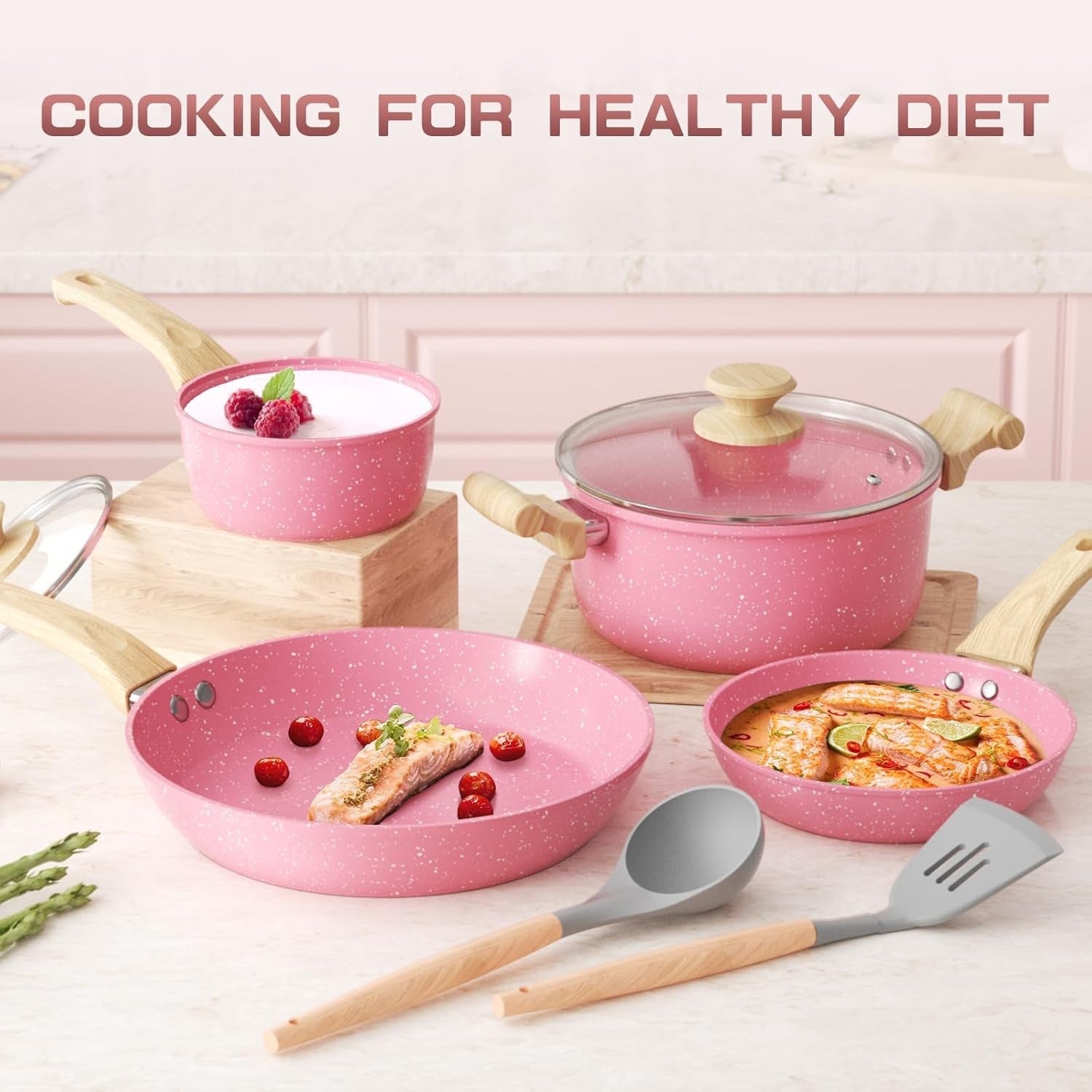 8Pcs Pink Ceramic Non-Stick Cookware Set Induction Ready Frying Pans & Saucepan