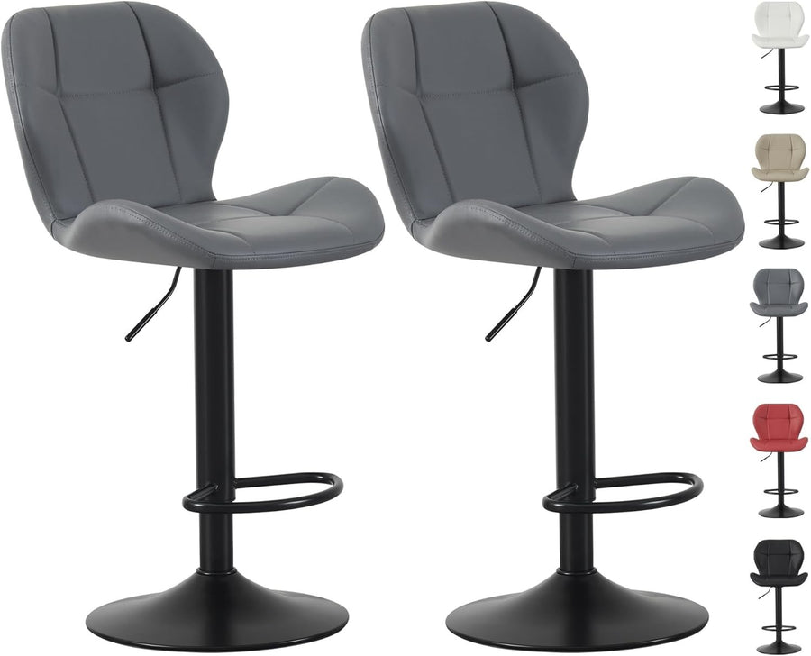 Grey Adjustable PU Leather Bar Stools Set of 2 – Swivel & Height Adjustable