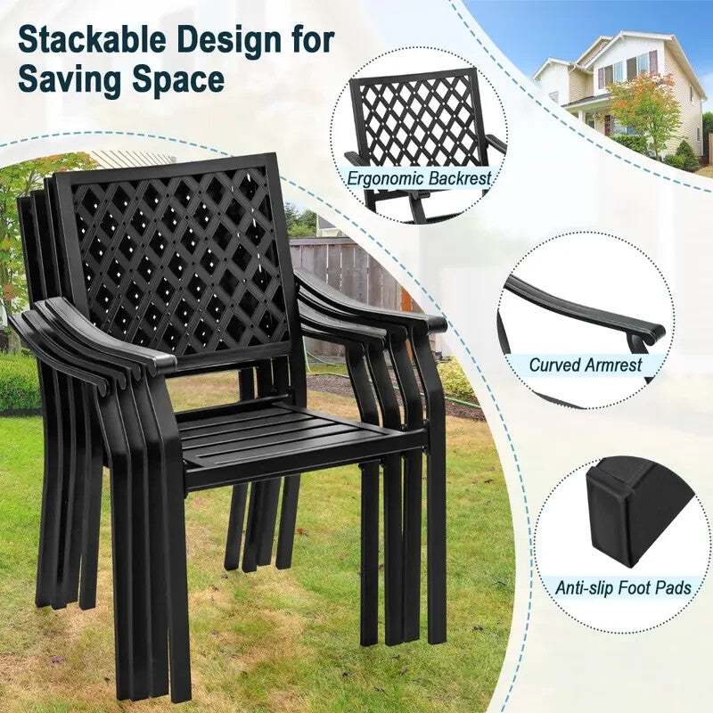 5-Piece Metal Patio Dining Set – Stackable Chairs & Slatted Table w/ Umbrella Ho