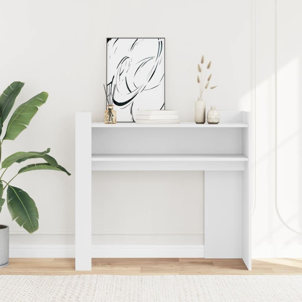 White Console Table with Multiple Shelves, Durable Storage, 100x35x90cm