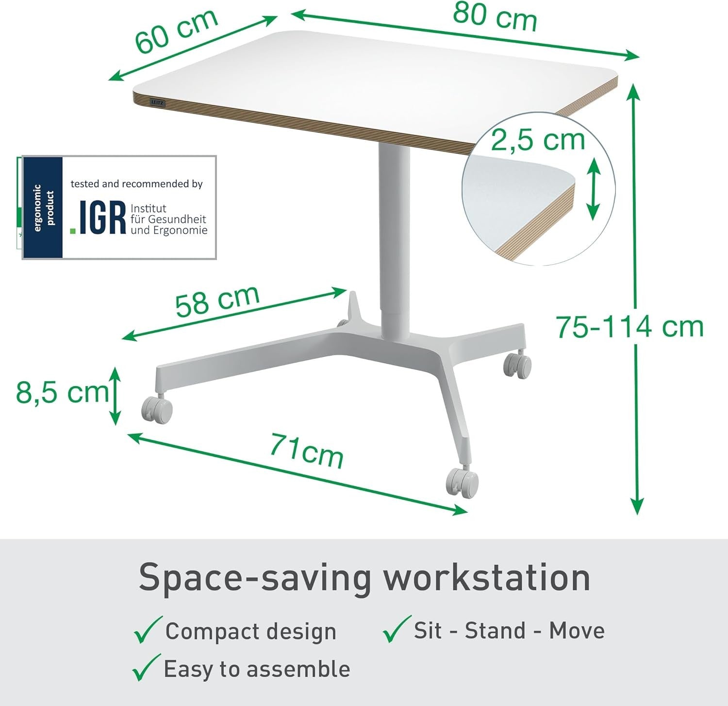 Pneumatic Sit Stand Desk Mobile Height Adjustable Standing Desk Wheels 80x60cm