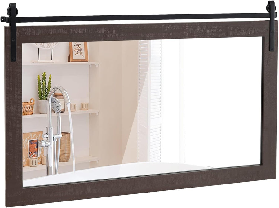 Barn Door Wall Mirror Walnut 101x66cm Rustic Farmhouse Wood Vanity Decor