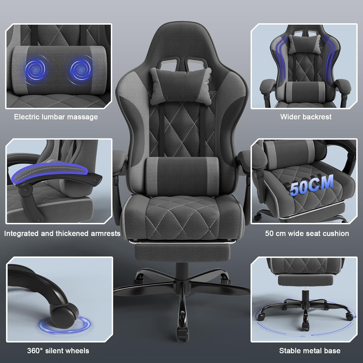 Ergonomic Fabric Gaming Chair Recliner w/ Footrest & Lumbar Support