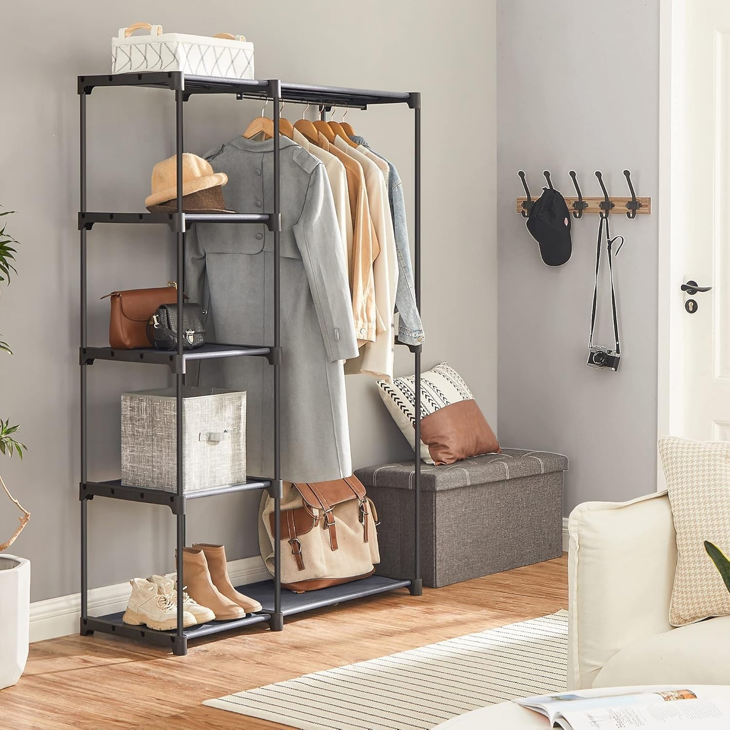 Freestanding Wardrobe with Shelves & Rails – Grey 165cm