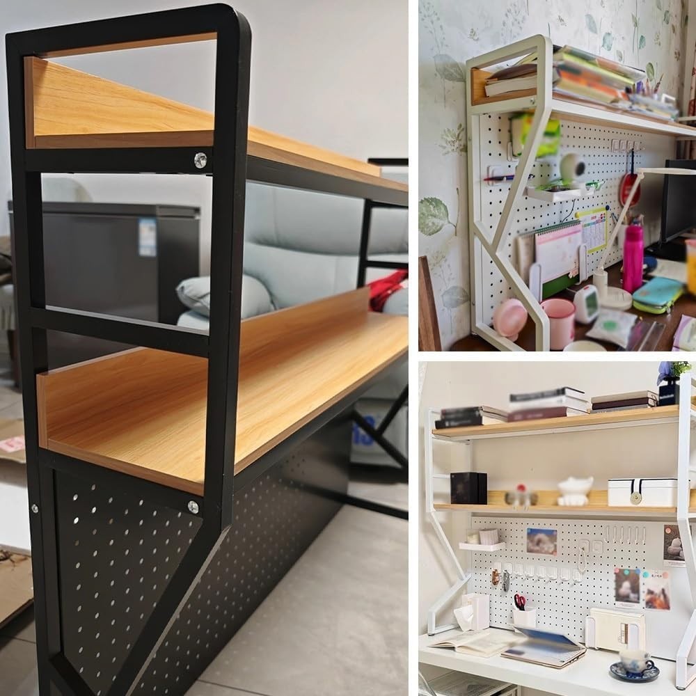 90cm Black Desktop Bookshelf Pegboard 2-Tier Desk Hutch Countertop Organizer