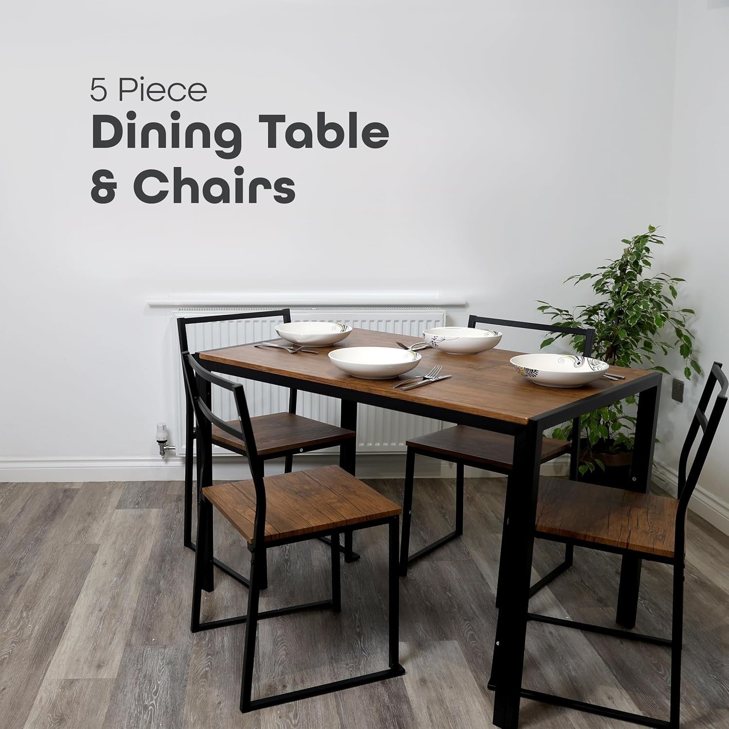 5-Piece Dining Table & Chairs Set with Storage Shelf, Modern Metal Dining Set