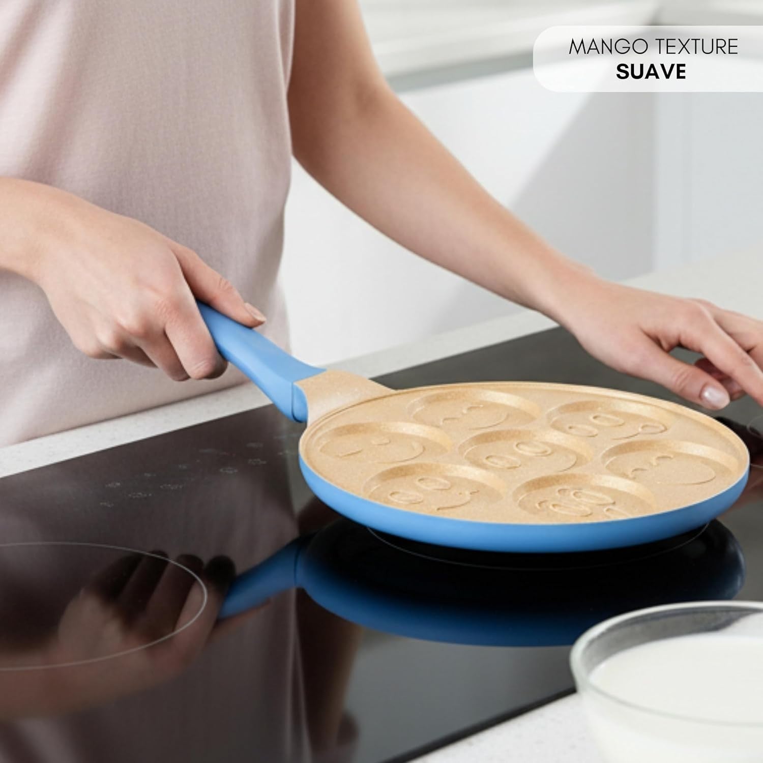 Non-Stick 7 Smiley Pancake Pan 26cm Crepe Maker Induction Safe Soft Grip Blue