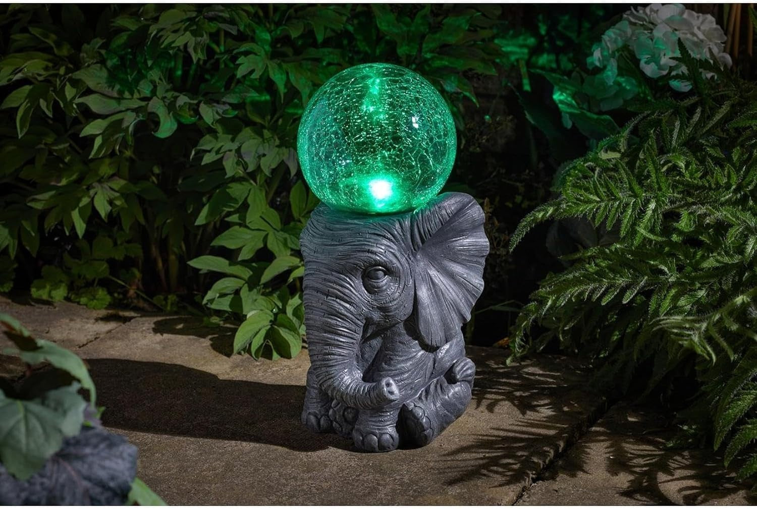 Solar Elephant Garden Ornament 37cm Crackle Ball LED Light Waterproof Outdoor